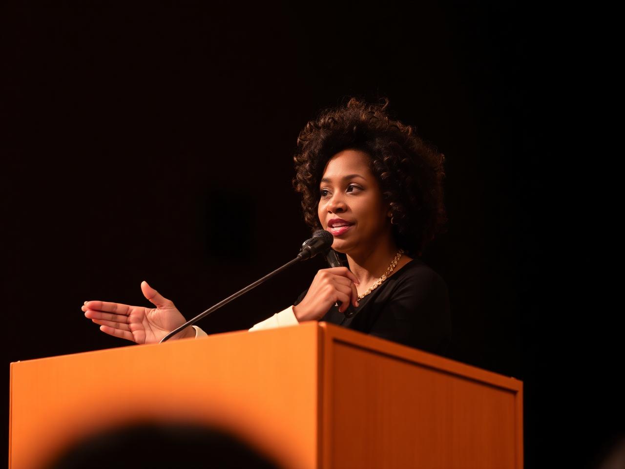 A Black author speaking at a podium